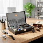 LEDO Watch Box Organizer & Sunglasses Case Holder, Black & Gray | 6 Slots for Watches, 3 Slots for Sunglasses
