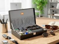 LEDO Watch Box Organizer & Sunglasses Case Holder, Black & Gray | 6 Slots for Watches, 3 Slots for Sunglasses