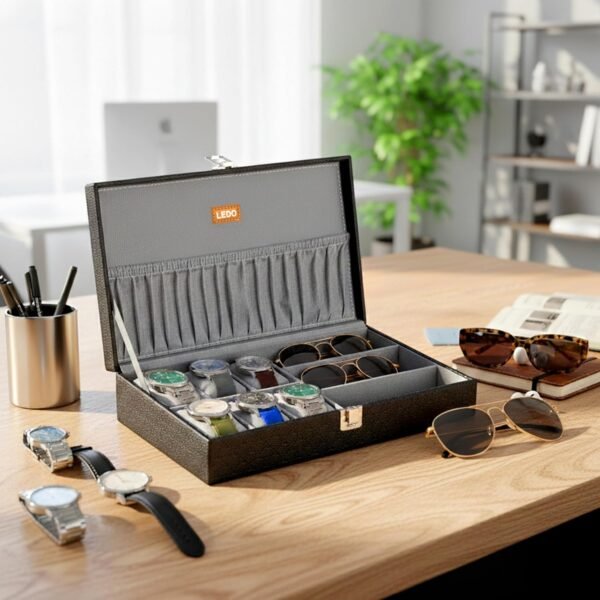 LEDO Watch Box Organizer & Sunglasses Case Holder, Black & Gray | 6 Slots for Watches, 3 Slots for Sunglasses