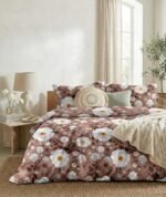 LOOMLYFE 300 TC 7D Cotton Feel Glace Cotton Elastic Fitted Printed King Size Double Bed Bedsheet with 2 Pillow Covers Fits Upto 8 inches Mattress, Size- 72X78 Inches - BrownWhiteFlower
