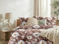 LOOMLYFE 300 TC 7D Cotton Feel Glace Cotton Elastic Fitted Printed King Size Double Bed Bedsheet with 2 Pillow Covers Fits Upto 8 inches Mattress, Size- 72X78 Inches - BrownWhiteFlower