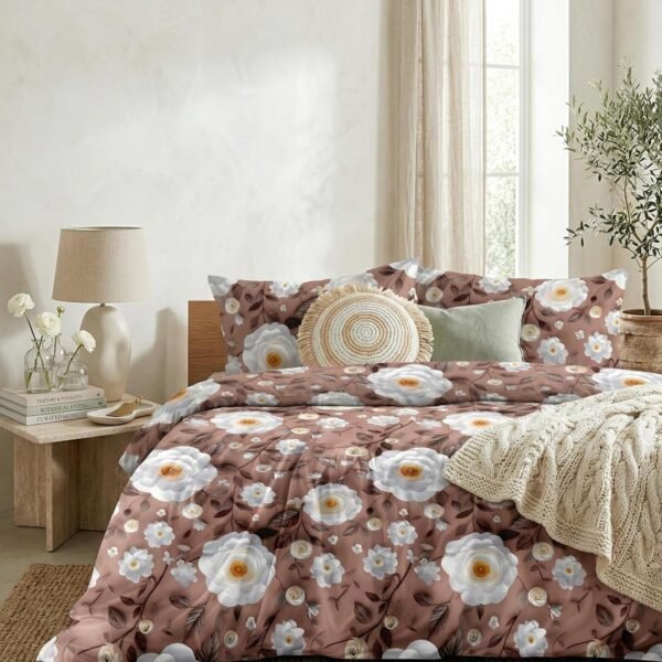 LOOMLYFE 300 TC 7D Cotton Feel Glace Cotton Elastic Fitted Printed King Size Double Bed Bedsheet with 2 Pillow Covers Fits Upto 8 inches Mattress, Size- 72X78 Inches - BrownWhiteFlower
