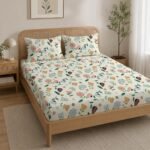 LOOMLYFE 300 TC Cotton Feel Glace Cotton Elastic Fitted Printed Queen Size Double Bed Bedsheet with 2 Pillow Covers Fits Upto 8 inches,Size- 60x78x10 Inches, Peach Flower