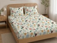 LOOMLYFE 300 TC Cotton Feel Glace Cotton Elastic Fitted Printed Queen Size Double Bed Bedsheet with 2 Pillow Covers Fits Upto 8 inches,Size- 60x78x10 Inches, Peach Flower