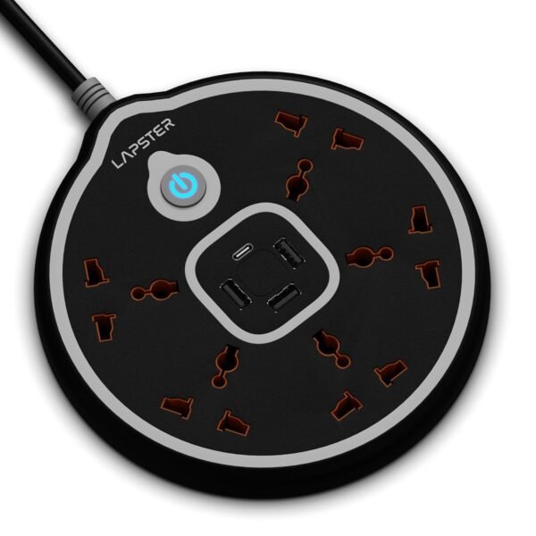 Lapster Xtension Hoop with 3 USB Port + 1 Port Type-C PD + 5 Power Sockets Extension Board, 2500W Power Converter, Cord Length 2Mtr (Black), 1 Count