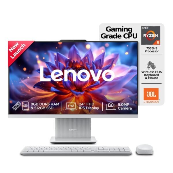 Lenovo Ideacentre AIO AMD Ryzen 5 7535HS 23.8" FHD IPS All-in-One Desktop(8GB RAM/512GB SSD/Win11/Microsoft 365 Basic + Office 2024/3Wx2 Speakers/5MP + IR Camera/Wireless Keyboard & Mouse), F0HR00BCIN