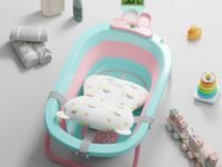 Lifelong Cuppy Baby Bath Tub for 0-3 Years, Newborn Baby Essentials, Foldable Kid-Friendly - Mini Swimming Pool Tub, Padded Cushion & Thermometer, Portable Bathtub for Bathroom Use, Dual Tone Colour