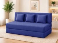 Los Angeles Foldable Three Seater Sofa Cum Bed, Sofa Bed 5 X 6 Feet Jute Fabric Washable Cover- Including Three Cushion Perfect for Living Room - Blue Color