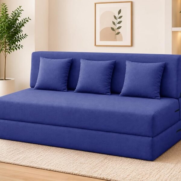 Los Angeles Foldable Three Seater Sofa Cum Bed, Sofa Bed 5 X 6 Feet Jute Fabric Washable Cover- Including Three Cushion Perfect for Living Room - Blue Color