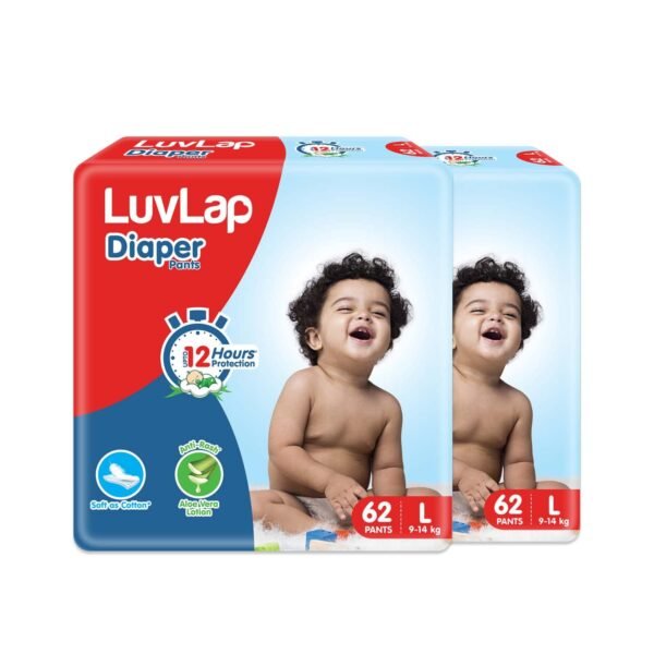 LuvLap Diaper Pants Large (LG) 9 to 14Kg, Super Jumbo Pack, 124 Count (62 X2), Baby Diaper Pants, with Aloe Vera Lotion for rash protection, with upto 12 Hour protection (62 Count, Pack of 2)