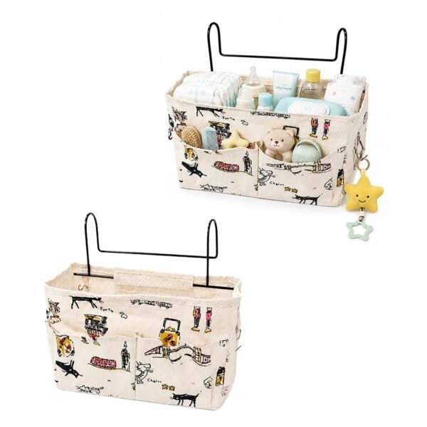 MOM CARE Hanging Cot Diaper Storage Bag Bedside Organizer Canvas Caddy Large Capacity Bed Rail Pocket With Wire Hooks For Nursery Books Toys Diapers Marine Anchor Print Cream Color