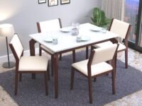 MURALICRAFT Sheesham Wood 45" Dining Table Set of 4 | Marble Finish Four Seater Dinning Table with 4 Upholstered Dining Chairs | Table Top: Premium HDMR Wood, Chair: Curved Design, White & Walnut
