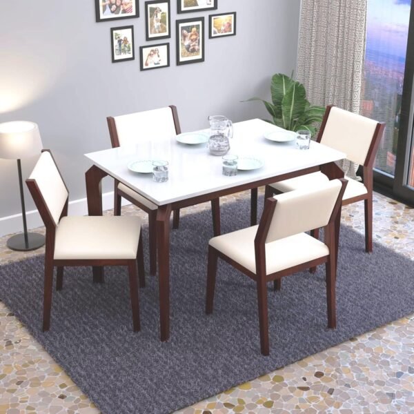 MURALICRAFT Sheesham Wood 45" Dining Table Set of 4 | Marble Finish Four Seater Dinning Table with 4 Upholstered Dining Chairs | Table Top: Premium HDMR Wood, Chair: Curved Design, White & Walnut