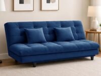 Modern Convertible Three-Seater Futon Sofa Bed with Tufted Sleeper Couch Sofa with Adjustable Backrest– Living Room Furniture-Blue