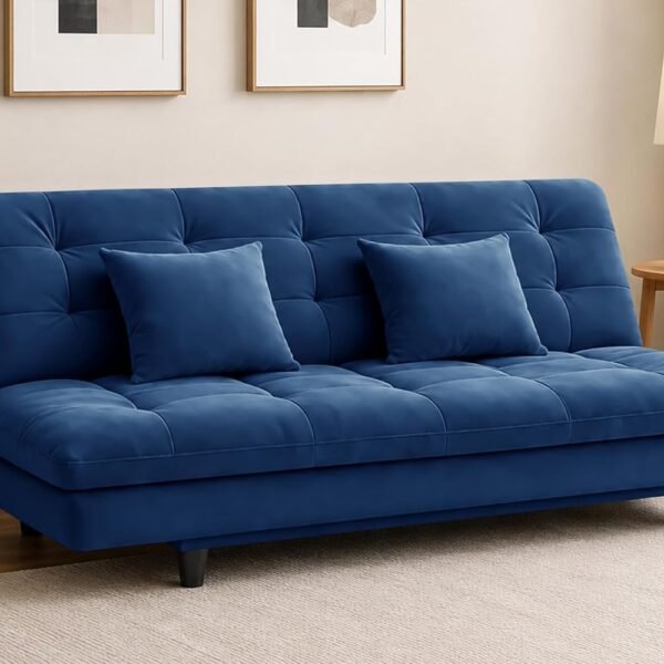 Modern Convertible Three-Seater Futon Sofa Bed with Tufted Sleeper Couch Sofa with Adjustable Backrest– Living Room Furniture-Blue