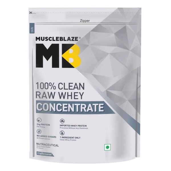 MuscleBlaze 100% Clean Raw Whey Protein Concentrate, Unflavoured (2kg / 4.4lbs | 24g Protein per Scoop | Easy to Digest