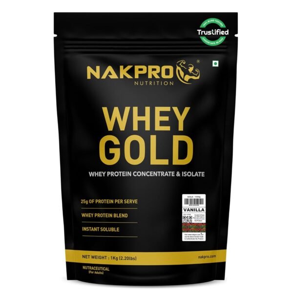 NAKPRO NUTRITION Gold Whey Protein Concentrate & Isolate 1kg Vanilla flavour | 25.5g Protein, Trustified Certified