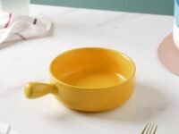 Nestasia Ceramic Yellow Snack Bowl with Handle | Microwave & Dishwasher Safe Serving Bowl Perfect for Snacks, Noodles, Salads, Soup, Baking (600ml)