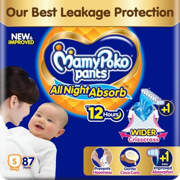 New Mamypoko Pants Premium All Night Absorb| Pant Style Baby Diapers Small Size(S), 87 Count, Ideal for 4-8Kgs|1 Diaper= Upto All Night Absorption now with increased power of +1glass|Wider Crisscross Sheet|Gentle Coco Care| 12hr Leakage Protection| Prevents Heaviness.