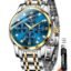 OLEVS Chronograph Watches for Men Original Analog Quartz Black Stainless Steel Chain Luxury Dual Time Zone Moon Phase Date Waterproof Men's Wrist Watch