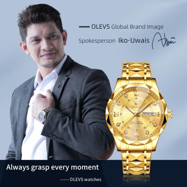 OLEVS Men's Business Watch Gold Blue with Large Easy-Read Analog Quartz Date Display Luxury Stainless Steel Band Waterproof Luminous Hands