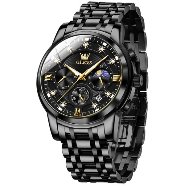OLEVS Mens Watches Chronograph Diamond Quartz Date Calendar Moon Phase Luxury Two Tone Stainless Steel Waterproof Luminous Business Wrist Watch