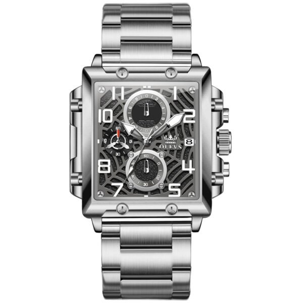 OLEVS Square Watch for Men Original Analog Quartz Chronograph Luxury Formal Silver Stainless Steel Date Men Wrist Watch