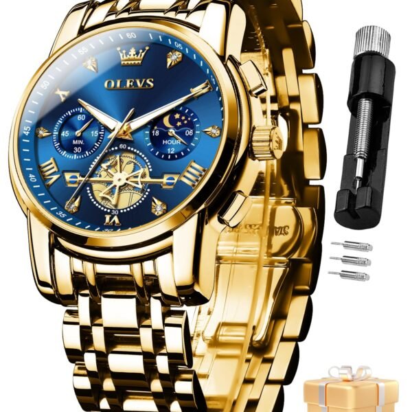 OLEVS Watch for Man Analog Quartz Skeleton Chronograph Diamond Watches Stainless Steel Moon Phase Calendar Waterproof Dress Watches