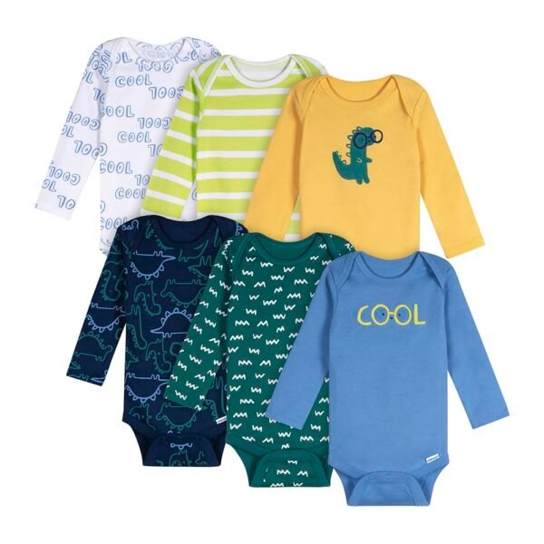 ONESIES Brand Baby Bodysuits 6-Pack Long Sleeve Soft Cotton | Six assorted long-sleeve bodysuits in soft cotton fabric - breathable and gentle against baby's delicate skin.