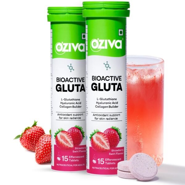 OZiva Bioactive Glutathione Tablets for Radiant Skin - 30 Effervescent Tablets (Pack of 2) | L-Glutathione, Lycopene, Vitamin C for Skin Glow & Anti-Pigmentation | Strawberry Swirl.