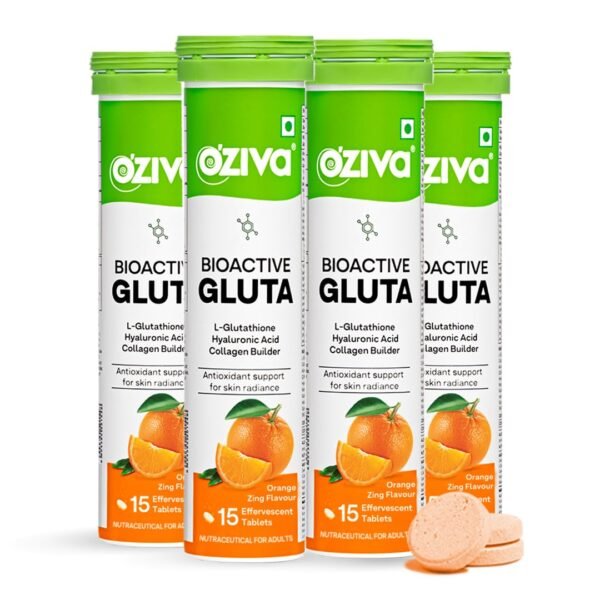 OZiva Bioactive Glutathione Tablets for Radiant Skin - 60 Effervescent Tablets (Pack of 4) | L-Glutathione, Lycopene, Vitamin C for Skin Glow & Anti-Pigmentation|Orange