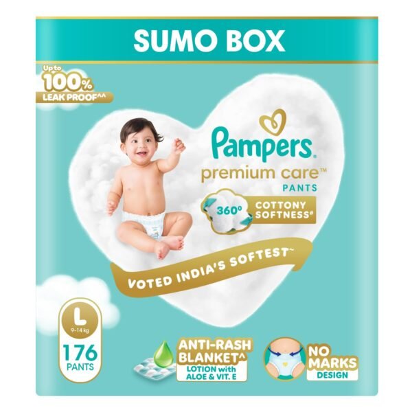 Pampers Premium Care Pant Style Baby Diapers L 176 Count | No Marks Design | Voted India’s #1 Softest Diaper | All in 1 diaper with 360 Cottony Softness