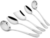 Parage 5 Pieces Stainless Steel Serving Spoon Set for Dining Table/Kitchen, 1.8 mm Heavy Gauge (2 Soup Ladle (Karchi), 2 Solid Spoon (Chamcha), 1 Rice Spoon), Silver (Pack of 5)