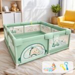 Playpen for Baby up to 5 Years Playards with Pit Balls and Anti-Fall Grasp Rings, Kids Activity Center with Safety Lock (No Mat, Non-Foldable) (150 * 180cm-green)
