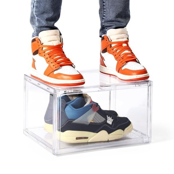 SNEAKARE Stackable Shoe Storage Box | Heavy Duty Plastic Sneaker Crate with Magnetic Door | Shoe Organizer for Men & Women | Fits Upto UK 14 | Durable Shoe Storage Box Clear Pack of-1