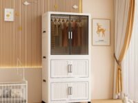 SNKR Essentials Plastic Cupboard for Storage- 2 Tier Stackable Plastic Storage Drawer Bins with Lid, Almirah for Clothes, Foldable Collapsible Wardrobe for Storage Cabinet (White, 2-Layer)