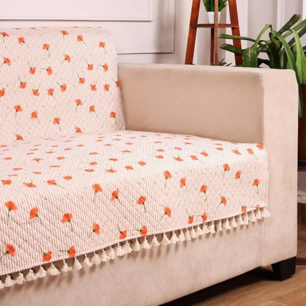 STITCHNEST Quilted Velvet Sofa Cover with Tassels – 70x60 Inch, Orange Floral Print with Stripes, Soft & Elegant, Washable Sofa Protector for 3-Seater