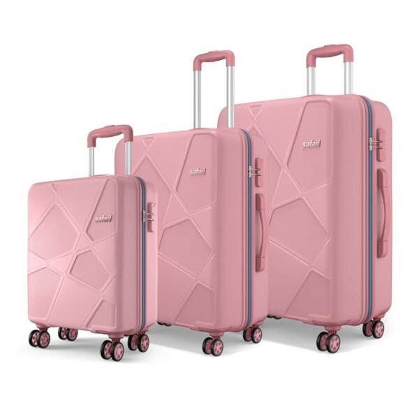 Safari Pentagon Pro 8 Wheels Set of 3 Trolley Bag, Hard Case Polypropylene, 360º Wheeling Small Check in Luggage, Suitcase for Travel, Trolley Bags for Travel, Rose Gold