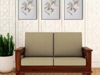 Solid Sheesham Wood 2-Person Sofa Set with Side Pocket for Living Room Office Hotel Hall Wooden Sofa Furniture (Honey Finish, Cream Cushion)