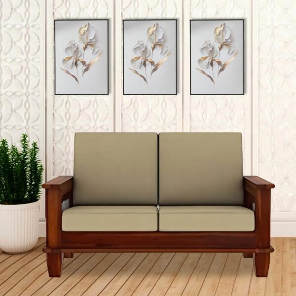 Solid Sheesham Wood 2-Person Sofa Set with Side Pocket for Living Room Office Hotel Hall Wooden Sofa Furniture (Honey Finish, Cream Cushion)
