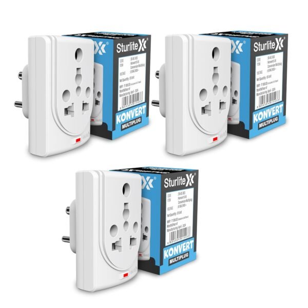 Sturlite Konvert Multiplug| 6-16 Amp| 2-Pin & 3-Pin Socket| Universal AC Travel Adapter| Premium Polycarbonate Body Socket| Compact Converter Plug for Travel, Home & Office Use - Pack of 3