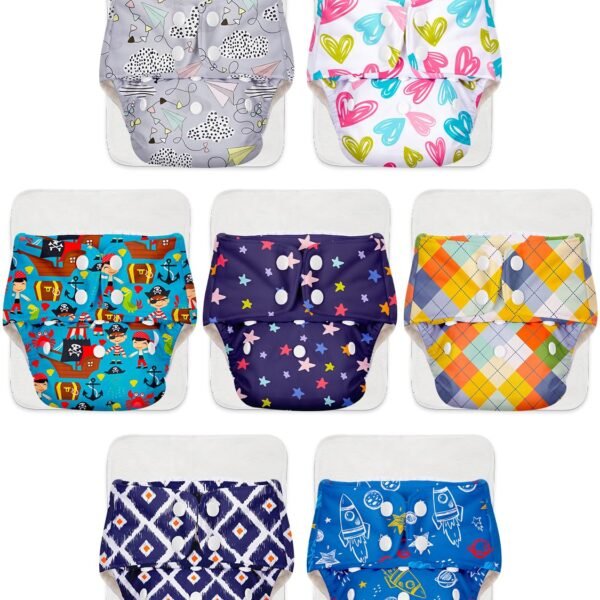Superbottoms Basic Leakage-proof advanced cloth diapers for babies, High Absorbent 100% cotton 7 reusable diaper and 7 insert pad Combo Pack washable cloth diaper 3M -3Years Adjustable, Reduces Rash