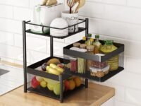 TEX-RO Kitchen Trolley with Wheels | 2-Layer Metal Vegetable Basket Stand & Kitchen Storage Rack | Multipurpose Kitchen Organizer for Onion Potato Storage (Black)