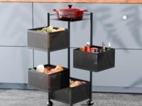 TEX-RO Kitchen Trolley with Wheels | 4-Layer Metal Vegetable Basket Stand & Kitchen Storage Rack | Multipurpose Kitchen Organizer for Onion Potato Storage (Small,Black)