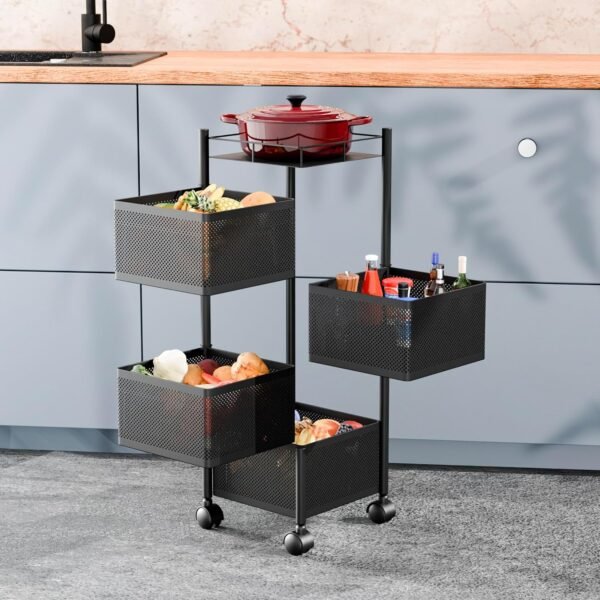 TEX-RO Kitchen Trolley with Wheels | 4-Layer Metal Vegetable Basket Stand & Kitchen Storage Rack | Multipurpose Kitchen Organizer for Onion Potato Storage (Small,Black)