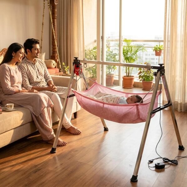 TINYTYKE Automatic Cradle for Baby - Electric Swing Cradle with Adjustable Speed - Semi-Foldable Frame with Pink Cloth and Mosquito Net - Palna/Jhula 0 to 3 Years - Carry Upto 20kgs