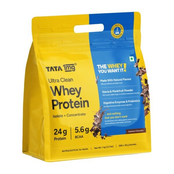 Tata 1mg Ultra Clean Whey Protein Isolate + Concentrate - Chocolate 1kg (2.2 lbs)| 24g Protein, 5.6g BCAA & 30B CFU Probiotics | Lab-Tested, No Added Sugar, No Adulterant, Easy to Digest | 28 Sachets