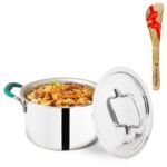 The Indus Valley Triply Stainless Steel Stock Pot/Biryani Pot/Handi/Dutch Oven With Free Wooden Spatula|Medium,21.6Cm/8.5 Inch,2.9Liter,1.4Kg|Induction Friendly|Non-Stick 3-Layer Body