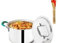 The Indus Valley Triply Stainless Steel Stock Pot/Biryani Pot/Handi/Dutch Oven With Free Wooden Spatula|Medium,21.6Cm/8.5 Inch,2.9Liter,1.4Kg|Induction Friendly|Non-Stick 3-Layer Body