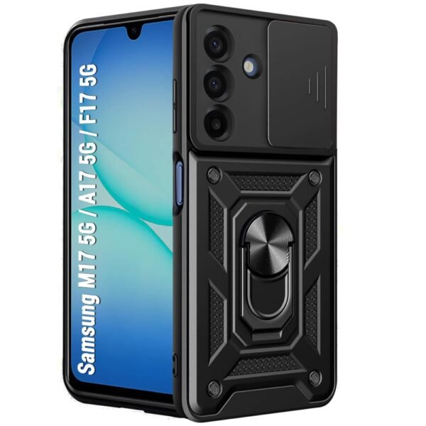 TheGiftKart Tough Armor Bumper Back Cover Case for Samsung Galaxy M17 5G / A17 5G / F17 5G | Sliding Camera Cover, Kickstand & Ring Holder | 360 Degree Protection Back Cover Case (PC & TPU, Black)